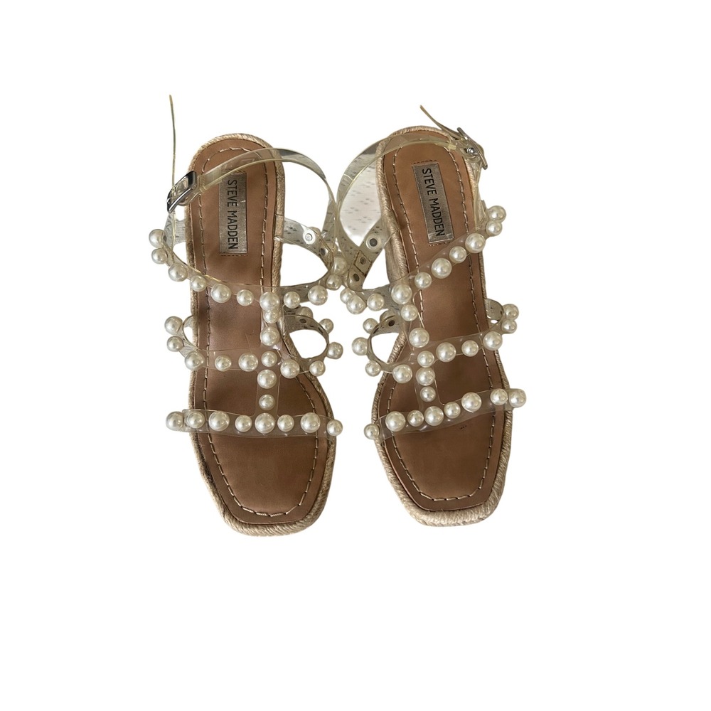 Steve Madden Pearl Embellished Clear Strap Espadrille Wedge Sandals Tan Womens 8